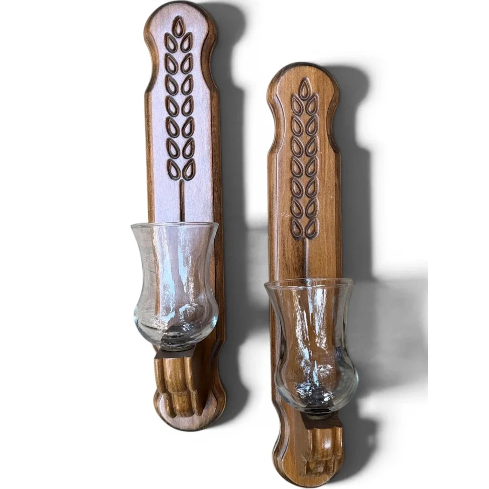 Vintage Pair Wooden Wall Sconce Candle Holders Carved Wheat | Early American